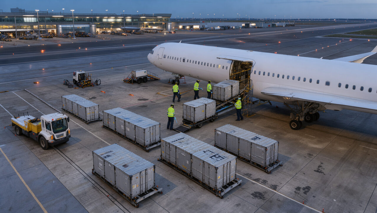 Vue aérienne d’un aéroport européen moderne au lever du jour, avec un avion cargo, des conteneurs et des véhicules logistiques autour des pistes.