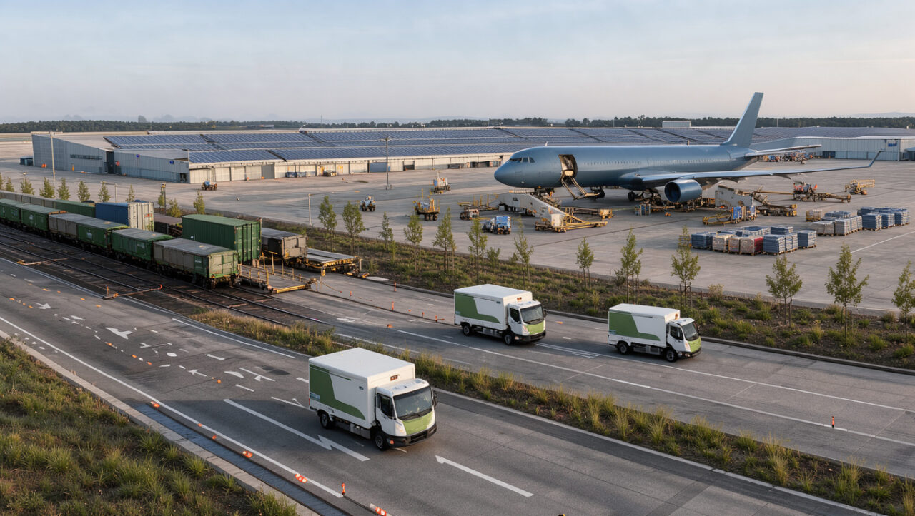 Plateforme logistique de l’aéroport de Vienne combinant avion cargo, camions électriques et transport ferroviaire dans un environnement industriel végétalisé.
