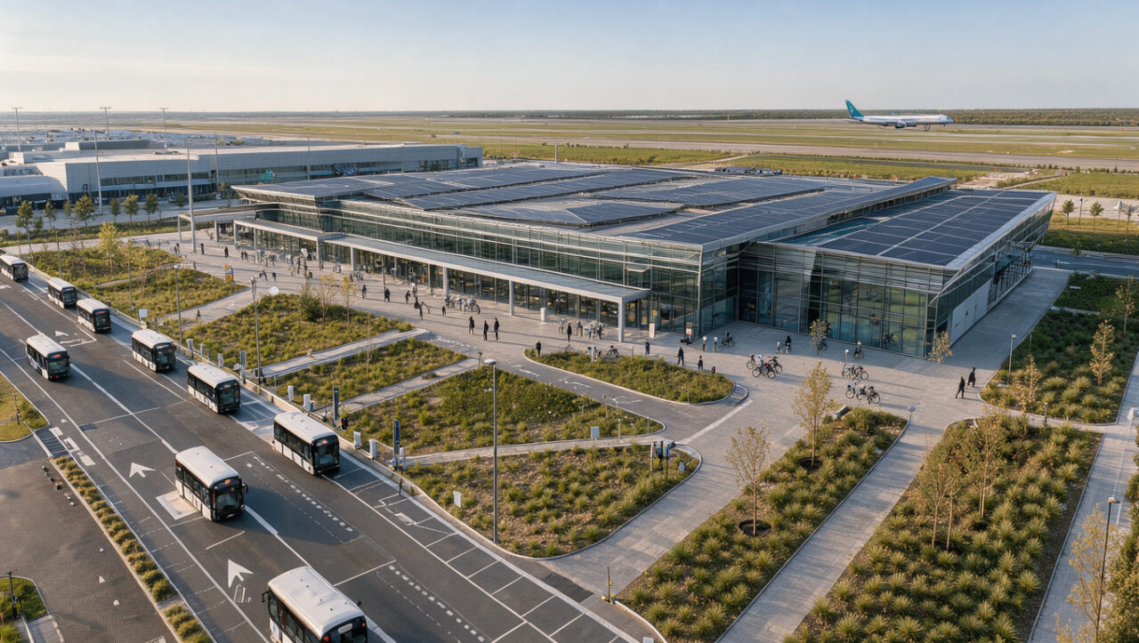 Vue réaliste de l’aéroport de Bordeaux-Mérignac avec navettes électriques, pistes cyclables, cheminements paysagers, panneaux solaires et avion circulant au loin.