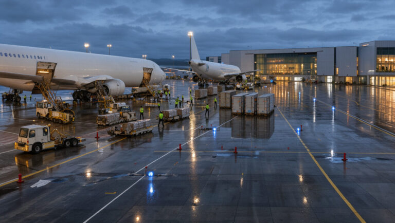Vue réaliste de l’aéroport de Copenhague, avec un avion cargo et des installations logistiques modernes sur le tarmac au crépuscule.