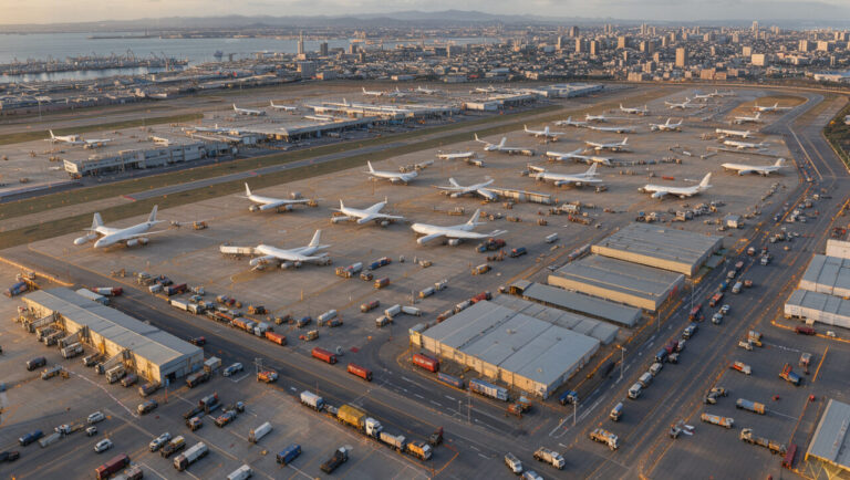 Vue aérienne d’un vaste aéroport international avec des avions cargo, des entrepôts, des camions et des pistes éclairées, illustrant les flux de fret entre l’Asie et l’Amérique du Nord.