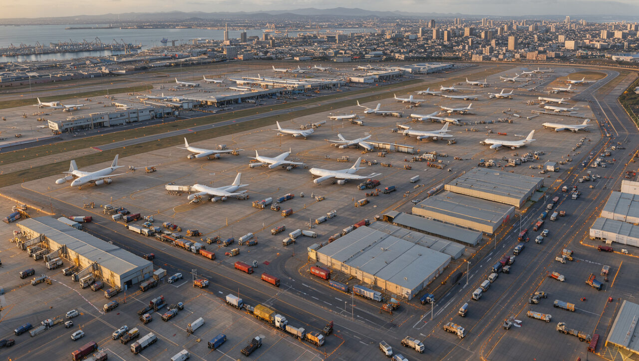Vue aérienne d’un vaste aéroport international avec des avions cargo, des entrepôts, des camions et des pistes éclairées, illustrant les flux de fret entre l’Asie et l’Amérique du Nord.