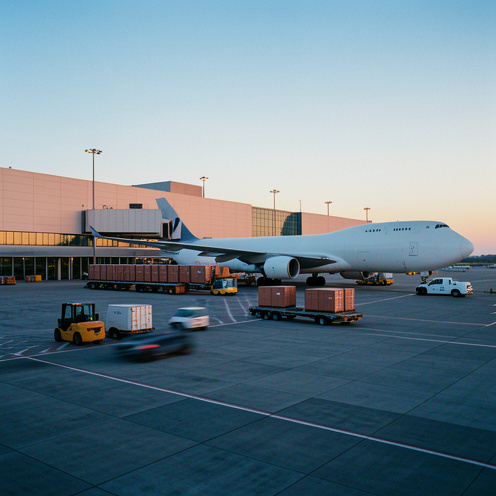 Vue d’une plateforme moderne de fret aérien et de logistique à l’aéroport de Lyon-Saint-Exupéry, avec un avion cargo, des conteneurs et des véhicules de service sur le tarmac.