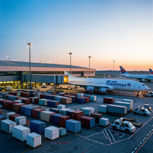 Terminal de fret de l’aéroport de Milan-Malpensa à l’aube, avec un avion cargo, des conteneurs et des véhicules de service au sol.