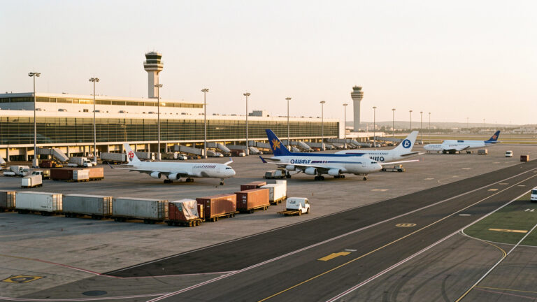 Vue aérienne d’un aéroport moderne de Casablanca avec des avions cargo et des conteneurs logistiques sur le tarmac.