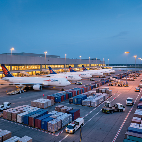 Vue panoramique d’un terminal de fret aérien moderne avec des avions cargo, des conteneurs et des véhicules logistiques au lever du jour.