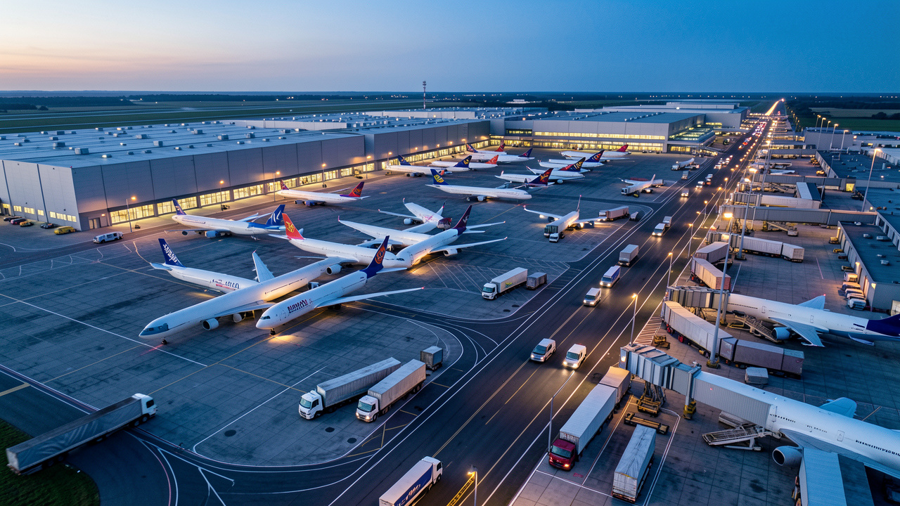 Vue aérienne d’un grand aéroport cargo britannique à l’aube, avec des avions de fret, des entrepôts logistiques éclairés et des véhicules circulant sur les voies de service.
