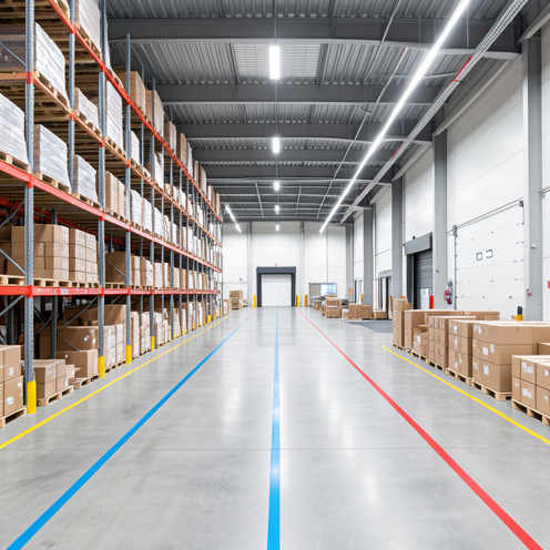 Vue intérieure d’un entrepôt moderne avec des rayonnages bien organisés, des zones de stockage structurées et des voies de circulation colorées facilitant les flux de marchandises.