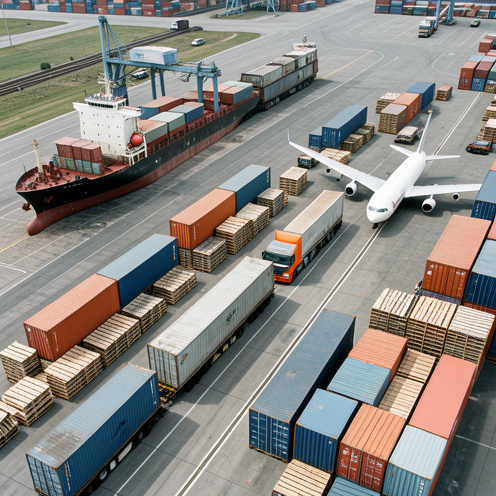 Vue d’ensemble de plusieurs modes de transport de marchandises : navire cargo, train de fret, camion et avion-cargo autour de palettes et de conteneurs.