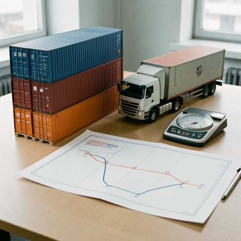 Composition réaliste montrant des conteneurs, un camion de marchandises, des palettes, une balance et une carte de trajet symbolisant l’analyse des coûts du transport.