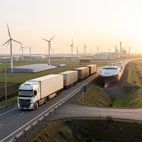 Réseau logistique bas carbone réunissant un camion électrique, un train de marchandises et un porte-conteneurs, avec des éoliennes et des panneaux solaires dans un paysage industriel propre.