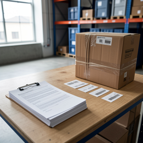 Documents vierges de transport posés sur un porte-documents à côté de colis scellés et d’un conteneur dans un entrepôt logistique.