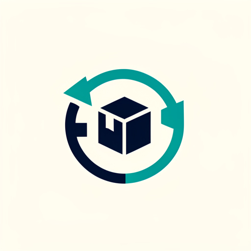 Emblème minimaliste représentant le transport, la logistique et la gestion des flux par un itinéraire géométrique formant une flèche autour d’un cube de marchandises, en bleu marine et turquoise sur fond blanc cassé.