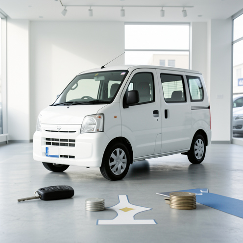 Véhicule utilitaire blanc présenté dans un showroom moderne avec une clé, des pièces et plusieurs chemins symbolisant les options d’achat, de crédit et de location.