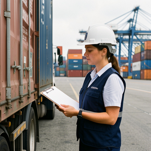 Une agente des douanes inspecte des conteneurs scellés dans un port international, avec un camion, des grues et une planchette aux pages vierges.