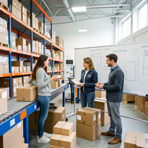 Une jeune femme et un jeune homme suivent une formation pratique en logistique dans un entrepôt moderne avec une formatrice.