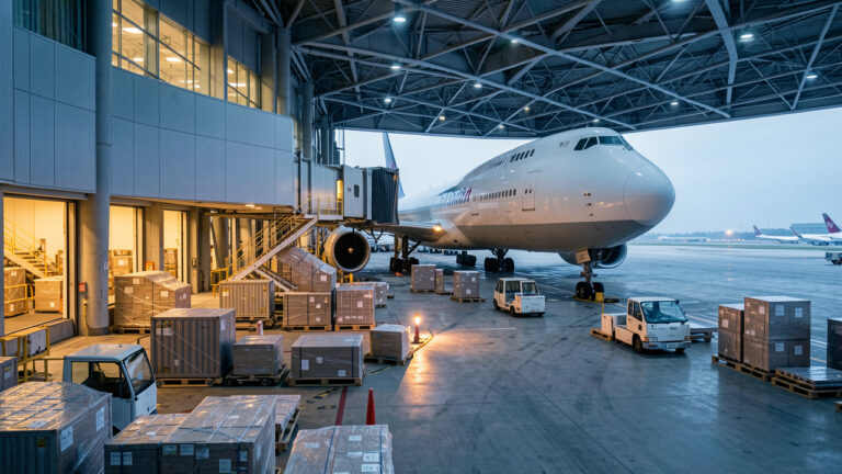 Terminal moderne de fret aérien à l’aéroport international de Tokyo-Haneda, avec des conteneurs et des palettes acheminés entre l’entrepôt logistique et un avion cargo.