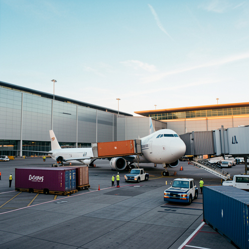 Avion cargo stationné près des terminaux de fret d’un grand aéroport londonien, avec des conteneurs et des véhicules logistiques sur le tarmac.