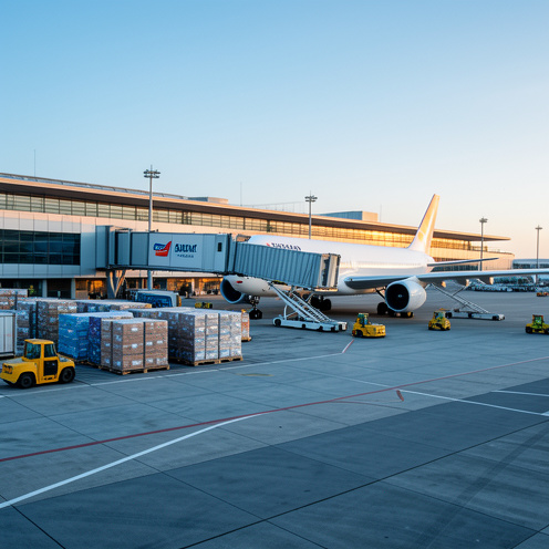 Avion cargo sur le tarmac de l’aéroport de Paris-Orly, entouré de palettes, conteneurs et équipements de manutention logistique.