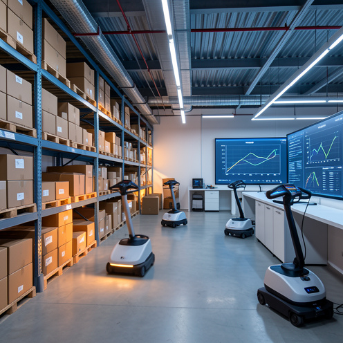 Centre logistique moderne avec rayonnages organisés, colis, robots mobiles et outils de planification illustrant la gestion efficace de la chaîne logistique.