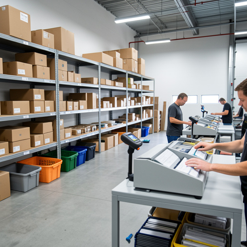 Centre logistique organisé où des colis retournés sont triés et inspectés dans un espace de travail efficace.