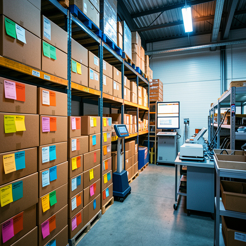 Entrepôt organisé avec des cartons, des bacs de rangement et un poste de préparation illustrant une gestion précise des stocks.