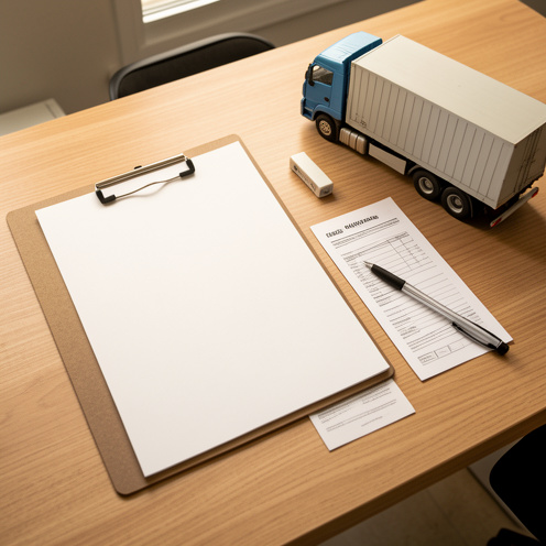 Document de transport vierge posé sur un bureau à côté d’un camion miniature, d’un porte-documents et d’un stylo, illustrant la lettre de voiture CMR et la gestion logistique.