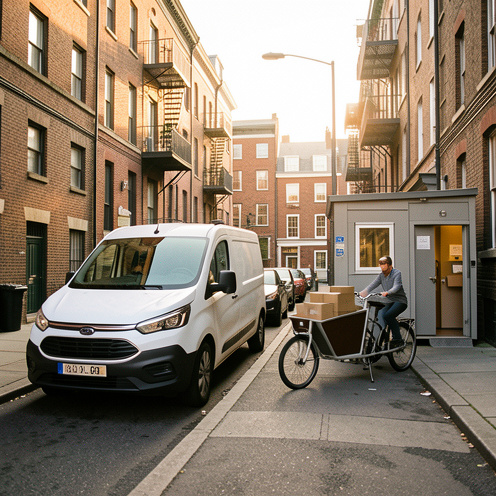 Un véhicule utilitaire électrique et un vélo cargo assurent une livraison urbaine efficace depuis un micro-entrepôt jusqu’aux immeubles, dans une ambiance matinale et durable.