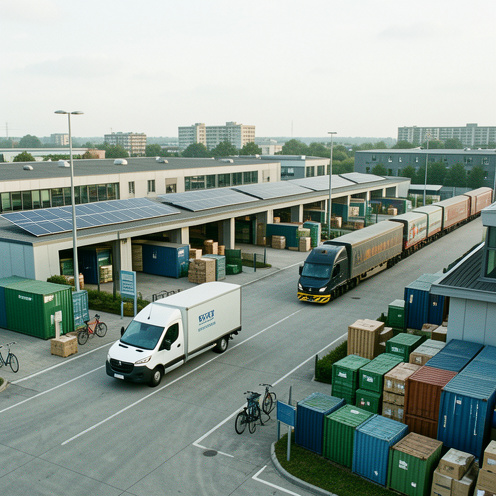 Plateforme logistique écologique avec véhicules électriques, train de marchandises, vélos cargo, panneaux solaires et contenants réutilisables.