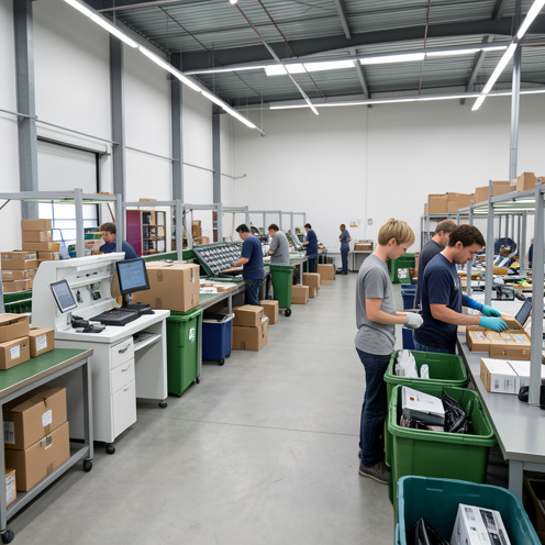 Centre logistique moderne où des colis retournés sont triés, réparés et orientés vers le recyclage.