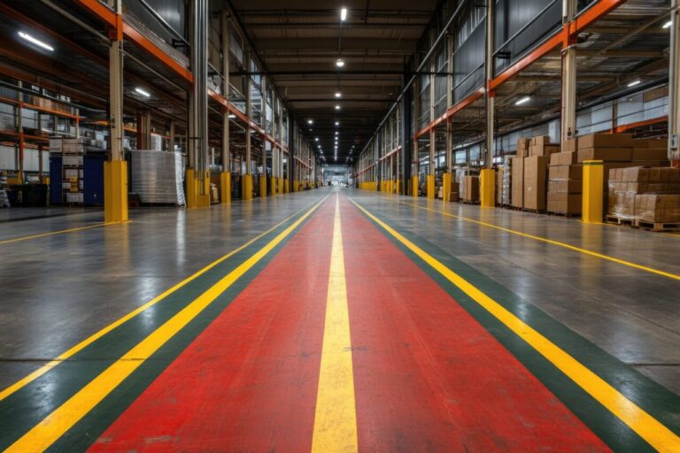 Marquage au sol coloré délimitant les allées et les zones de stockage dans un entrepôt.