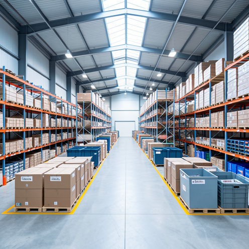 Entrepôt moderne présentant plusieurs méthodes de stockage organisées avec des rayonnages, des palettes, des étagères et des allées dégagées.