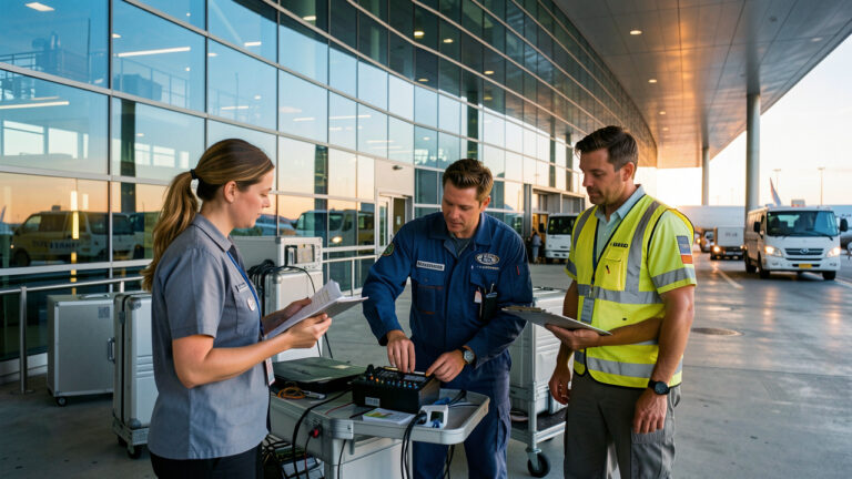Une coordinatrice du trafic aérien, un technicien de maintenance et une responsable des opérations collaborent devant un terminal aéroportuaire moderne.