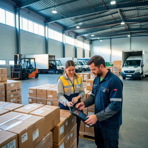 Une coordinatrice logistique et un opérateur d’entrepôt organisent des colis dans un centre de distribution moderne entouré de palettes, de chariots élévateurs et de véhicules de livraison.