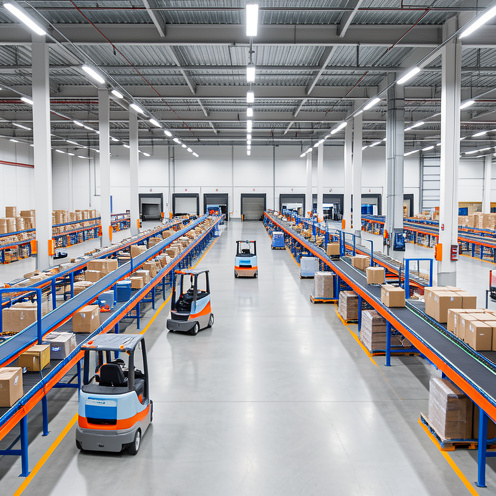 Centre de distribution moderne montrant des robots mobiles autonomes, des convoyeurs organisés et des colis circulant efficacement vers les quais de chargement.