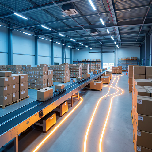 Centre logistique moderne avec des colis non marqués, des convoyeurs automatisés et une organisation optimisée pour la livraison e-commerce.