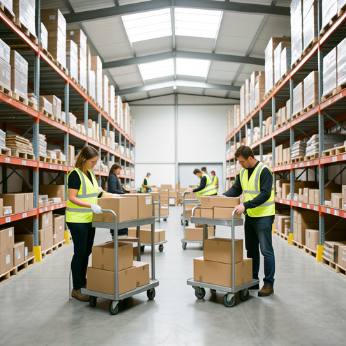 Une équipe logistique prépare et organise efficacement des colis sur des chariots dans un entrepôt moderne et lumineux.