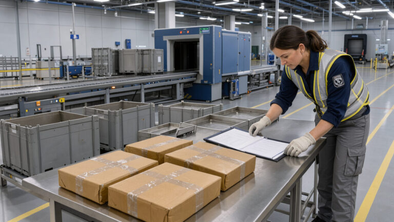 Zone moderne de contrôle du fret aérien avec colis scellés, caisses d’expédition et scanner de sûreté dans un terminal logistique européen.