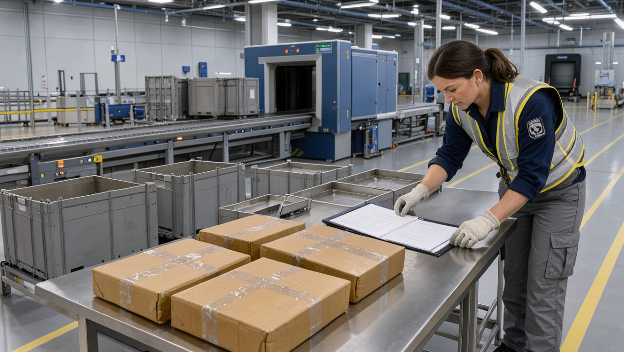 Zone moderne de contrôle du fret aérien avec colis scellés, caisses d’expédition et scanner de sûreté dans un terminal logistique européen.
