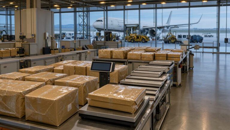 Zone de contrôle douanier d’un aéroport avec des colis d’expédition internationale, une balance et un avion cargo visible en arrière-plan.