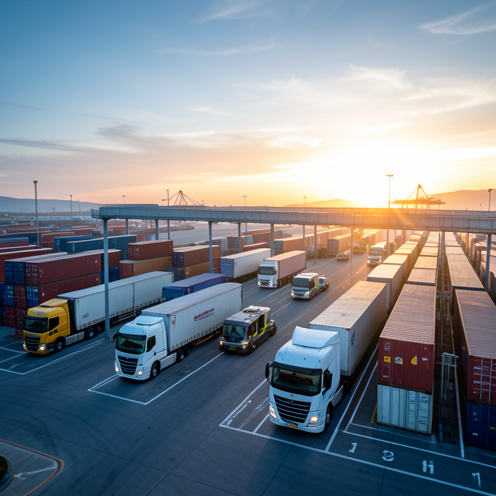 Plateforme intermodale réunissant conteneurs, camions modernes, trains de marchandises et véhicules automatisés dans une lumière matinale.
