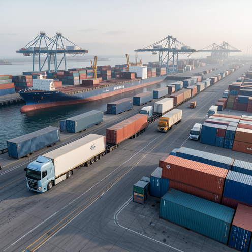 Vue réaliste d’un réseau logistique intermodal réunissant un camion, un train de marchandises, un navire porte-conteneurs et un entrepôt organisé.
